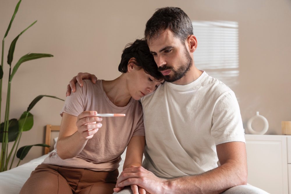 pareja aforntando un test de embarazo negativo por la infertilidad